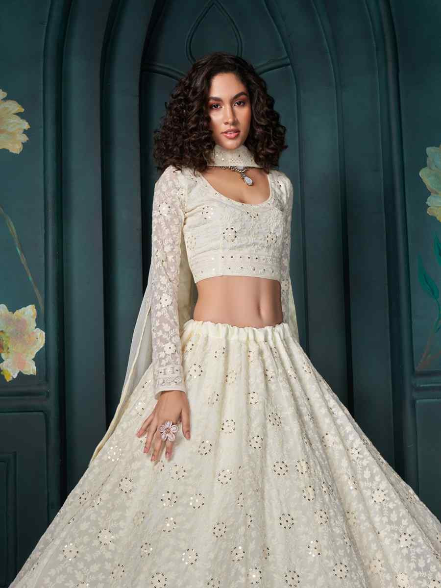 Off White Georgette Embroidered Wedding Festival Heavy Border Lehenga Choli