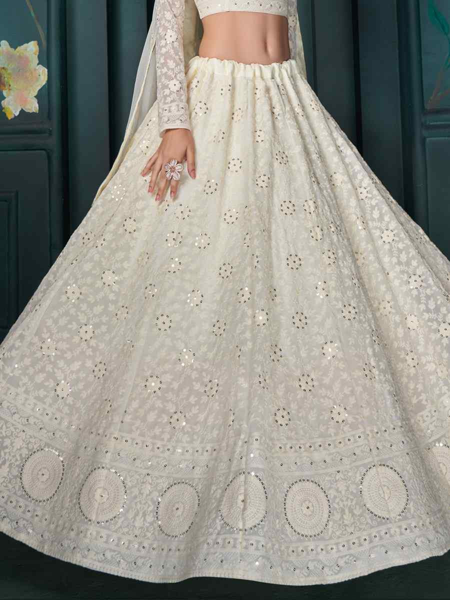 Off White Georgette Embroidered Wedding Festival Heavy Border Lehenga Choli