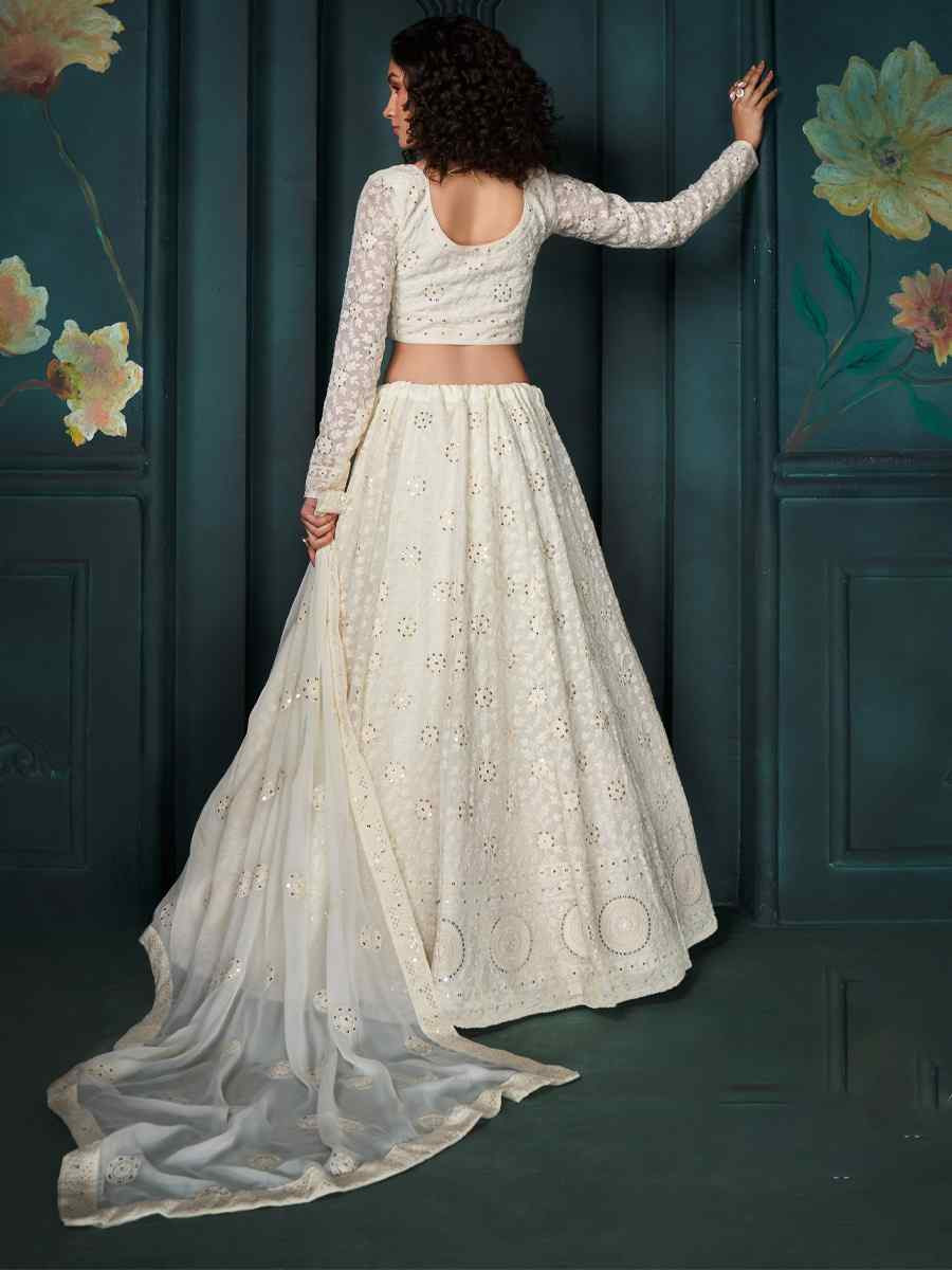 Off White Georgette Embroidered Wedding Festival Heavy Border Lehenga Choli