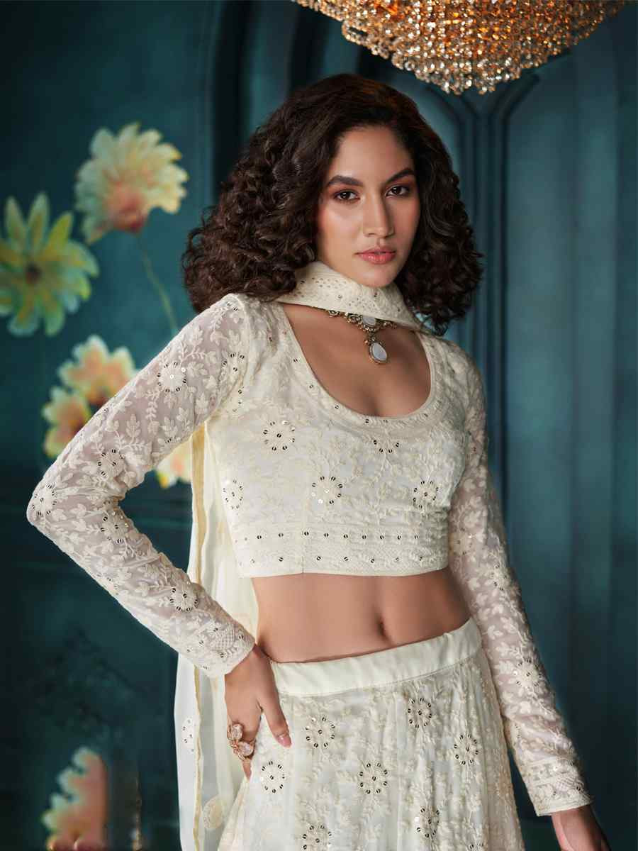 Off White Georgette Embroidered Wedding Festival Heavy Border Lehenga Choli