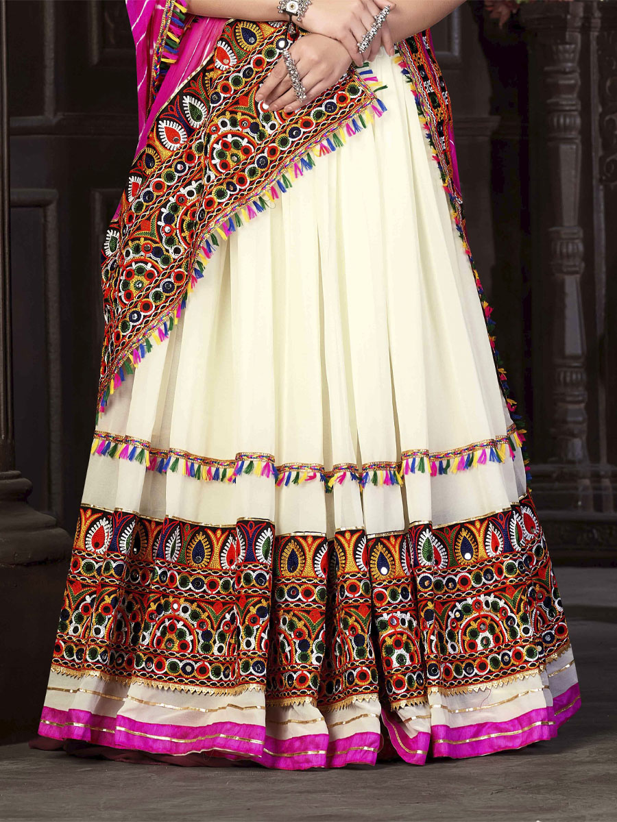 Off White Georgette Printed Festival Mehendi Circular Lehenga Choli