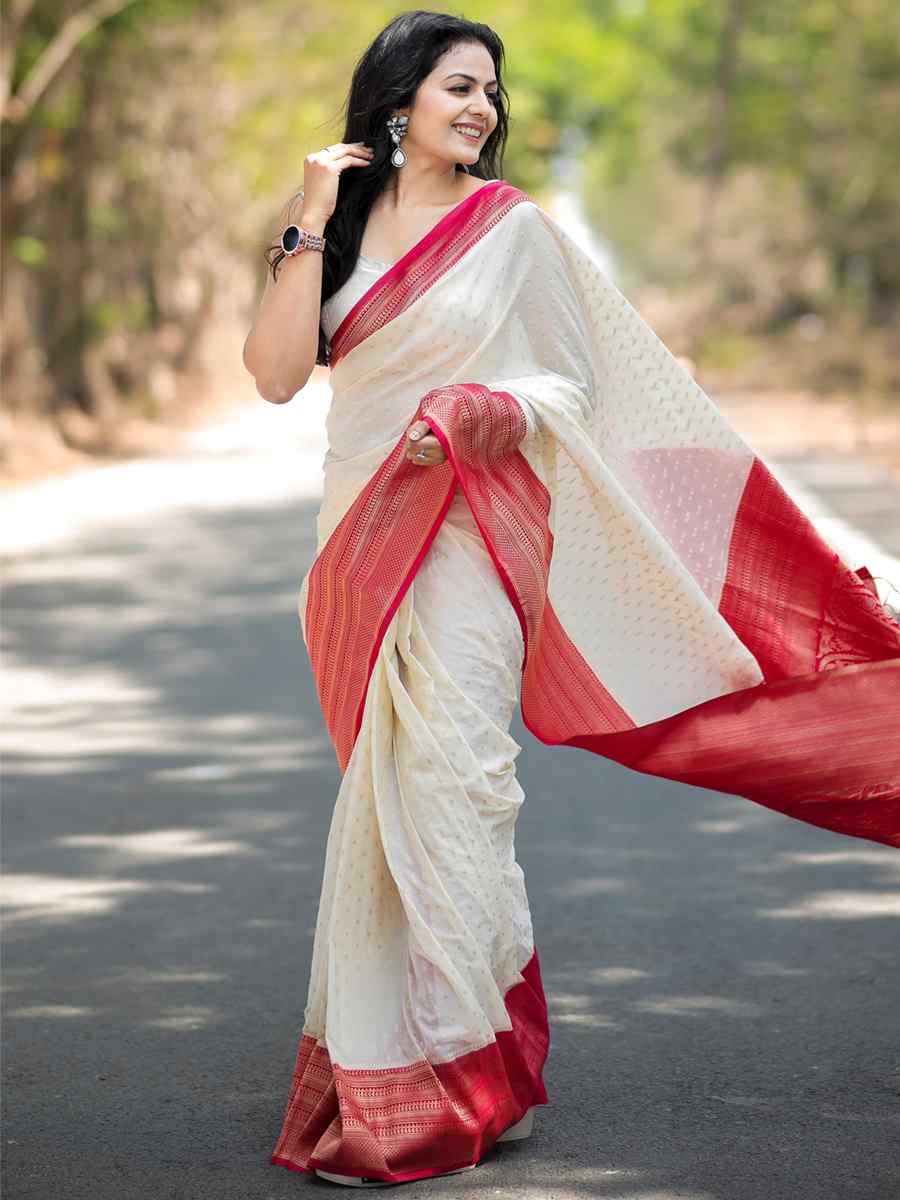 Off White Georgette Silk Handwoven Casual Festival Heavy Border Saree