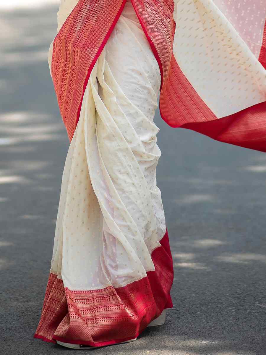 Off White Georgette Silk Handwoven Casual Festival Heavy Border Saree