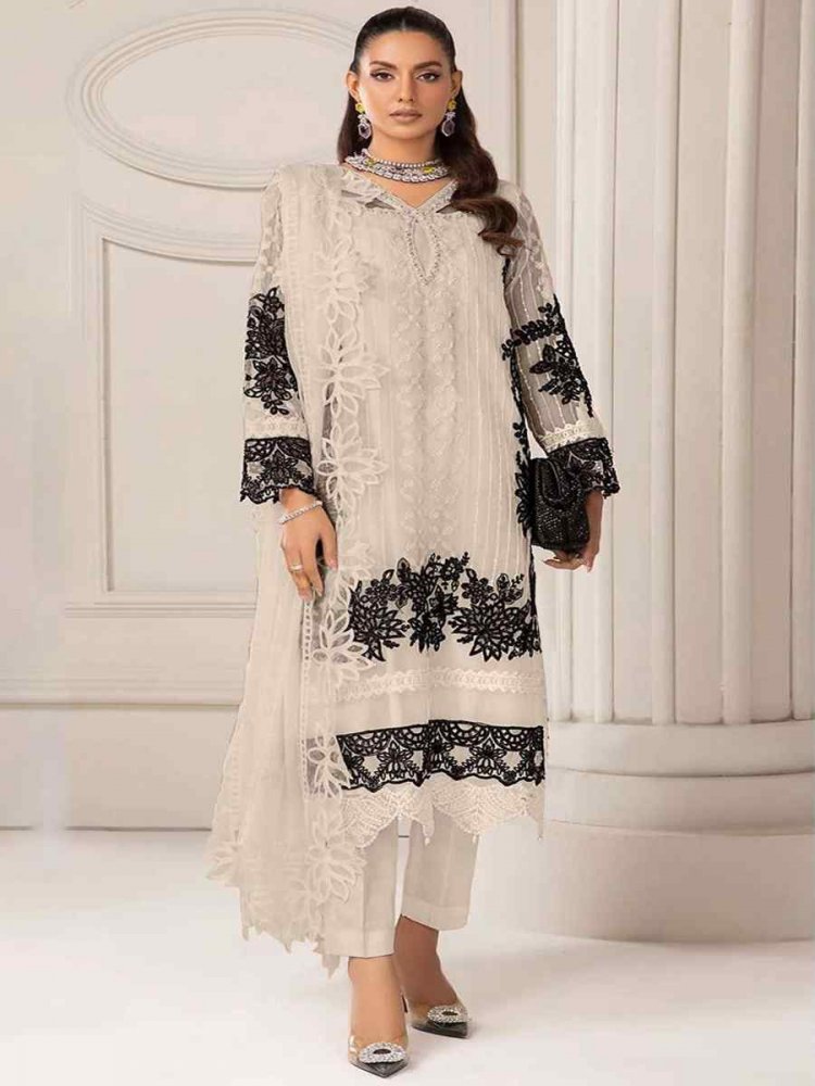 Off White Heavy Fuax Georgette Embroidered Festival Wedding Pant Salwar Kameez