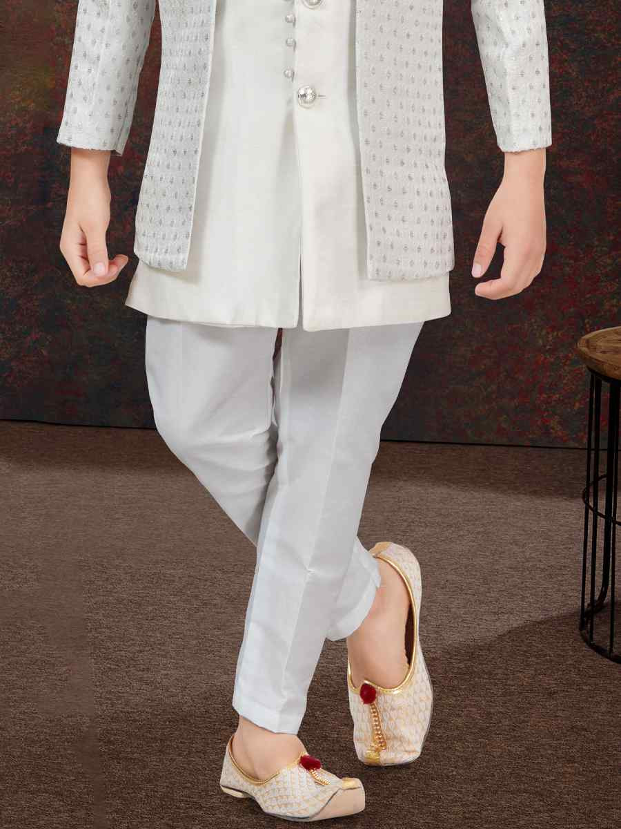 Off White Jacquard Banarasi Silk Embroidered Festival Wedding Kurta Pyjama Boys Wear