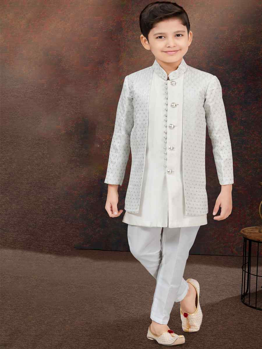 Off White Jacquard Banarasi Silk Embroidered Festival Wedding Kurta Pyjama Boys Wear