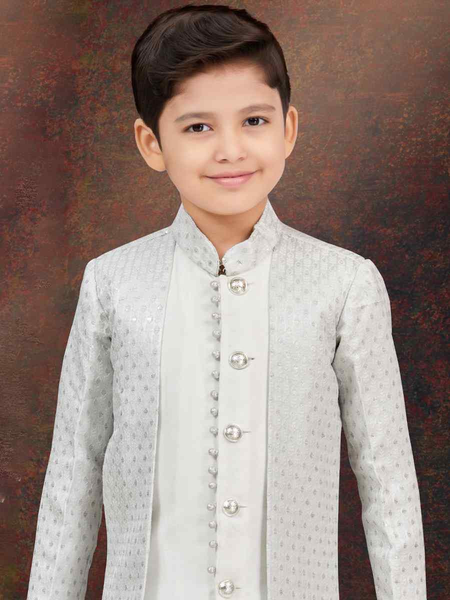 Off White Jacquard Banarasi Silk Embroidered Festival Wedding Kurta Pyjama Boys Wear