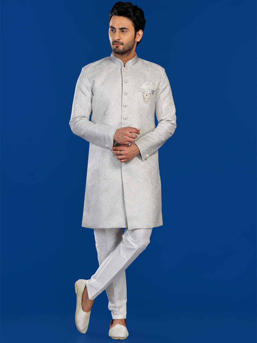 Off White Jacquard Silk Brocade Embroidered Party Wedding Kurta