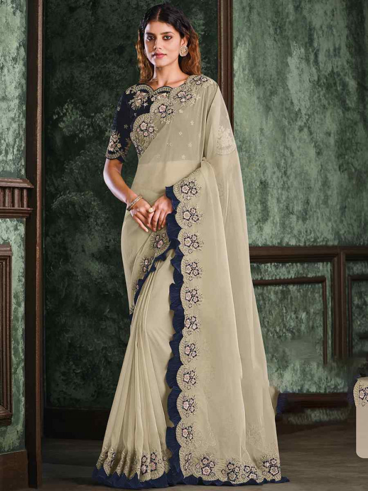 Off White Organza Embroidered Reception Wedding Heavy Border Saree