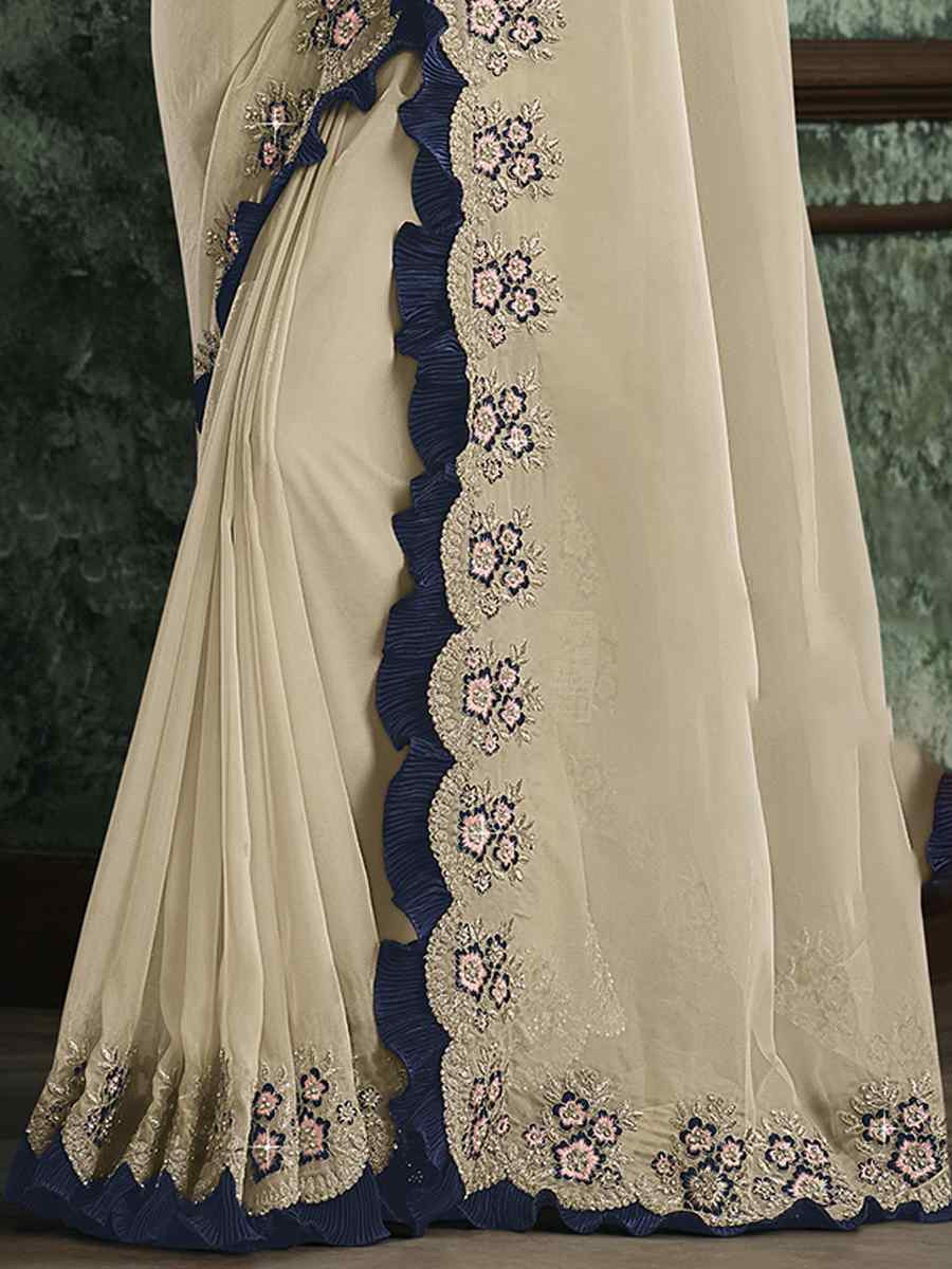 Off White Organza Embroidered Reception Wedding Heavy Border Saree