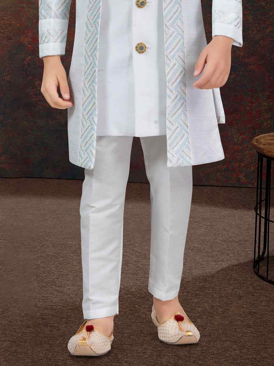 Off White Power Silk Embroidered Festival Wedding Kurta Pyjama Boys Wear