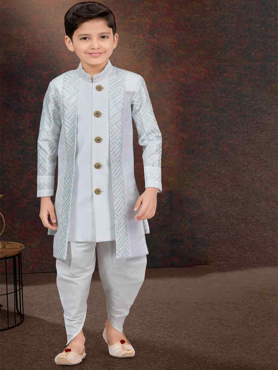 Off White Power Silk Embroidered Festival Wedding Kurta Pyjama Boys Wear