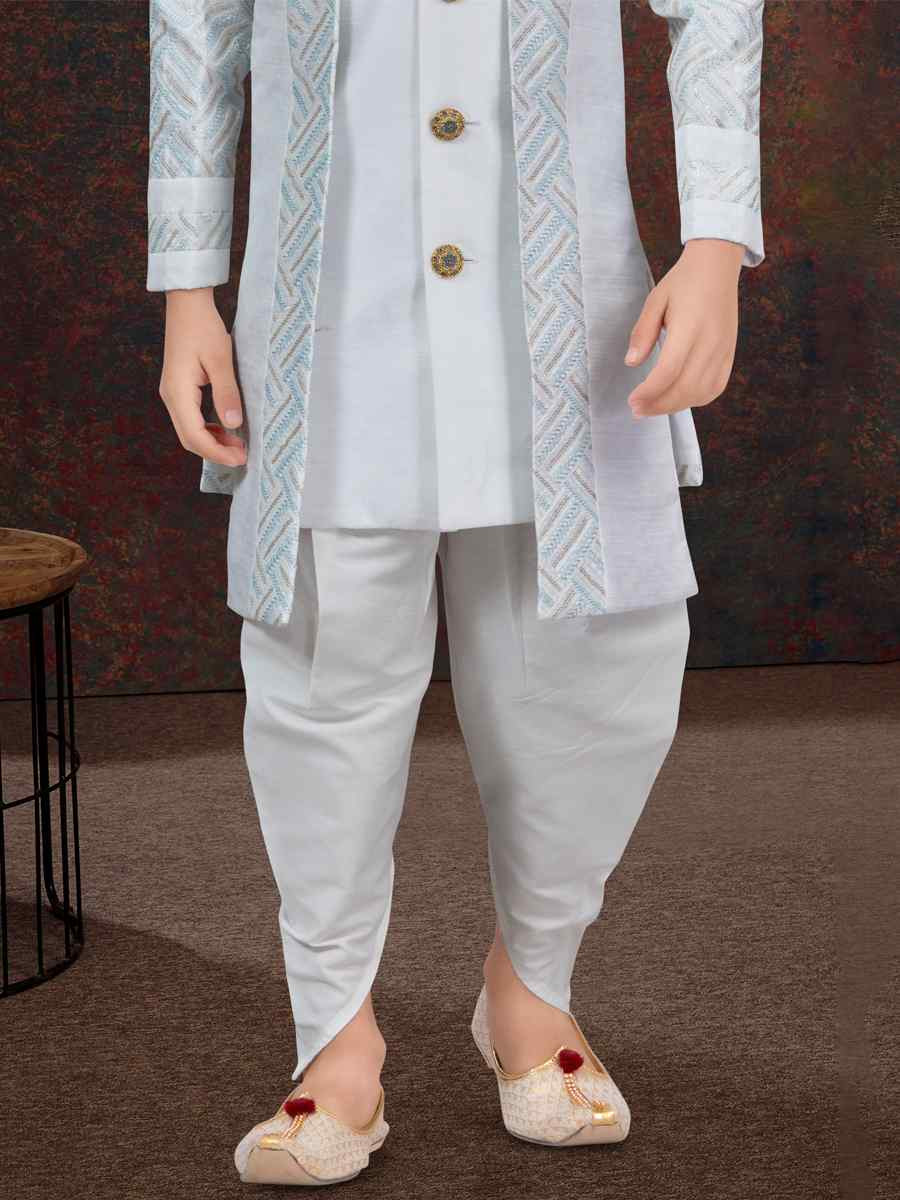 Off White Power Silk Embroidered Festival Wedding Kurta Pyjama Boys Wear