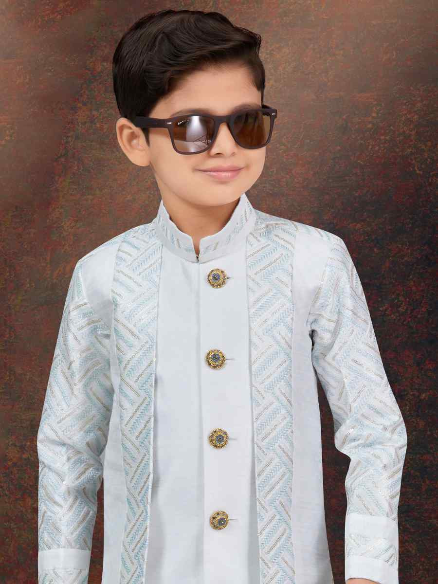 Off White Power Silk Embroidered Festival Wedding Kurta Pyjama Boys Wear