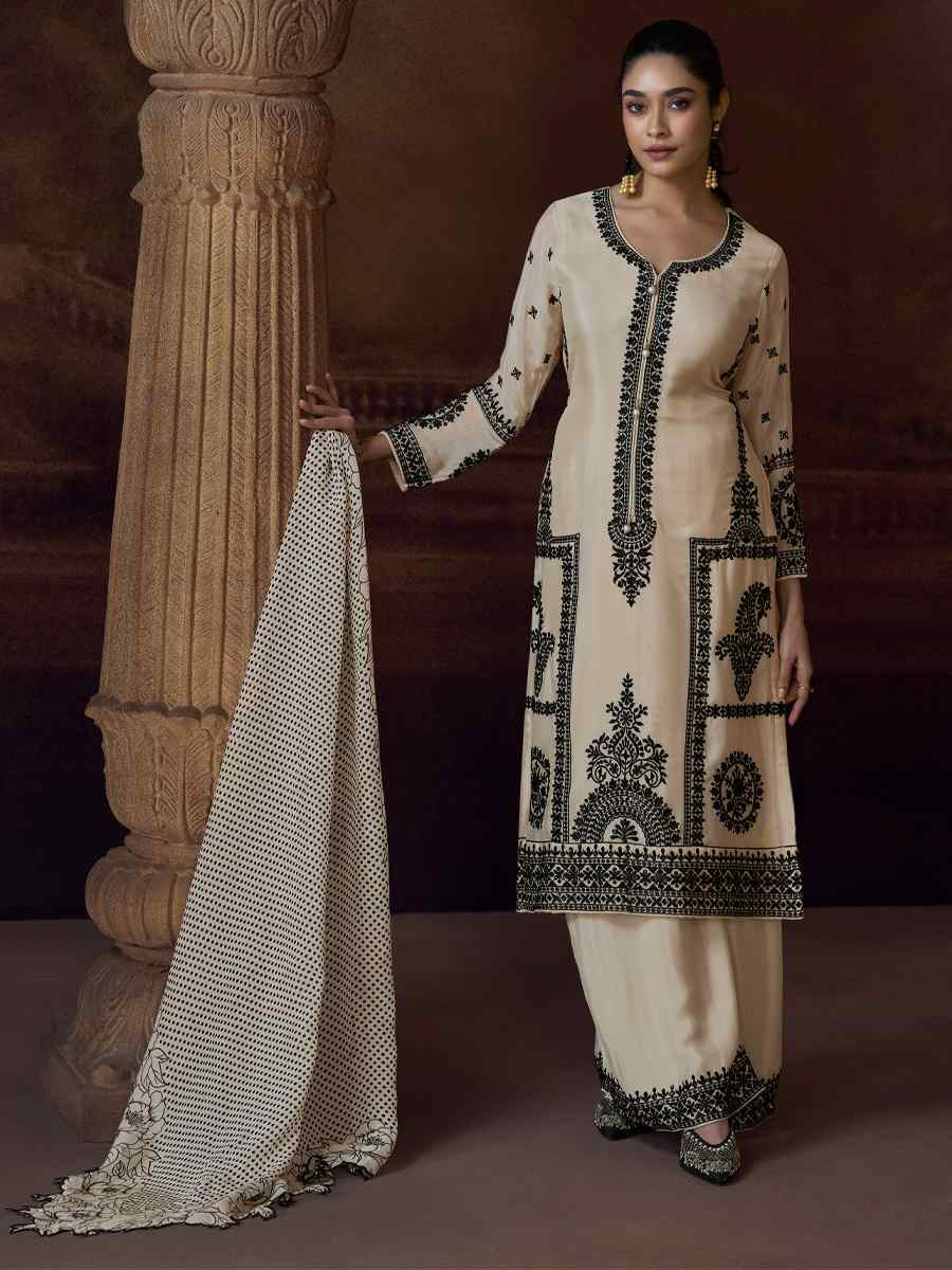 Off-White Pure Chinon Silk Embroidered Festival Casual Palazzo Pant Salwar Kameez