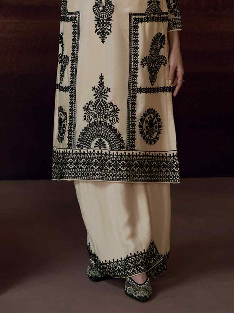 Off-White Pure Chinon Silk Embroidered Festival Casual Palazzo Pant Salwar Kameez