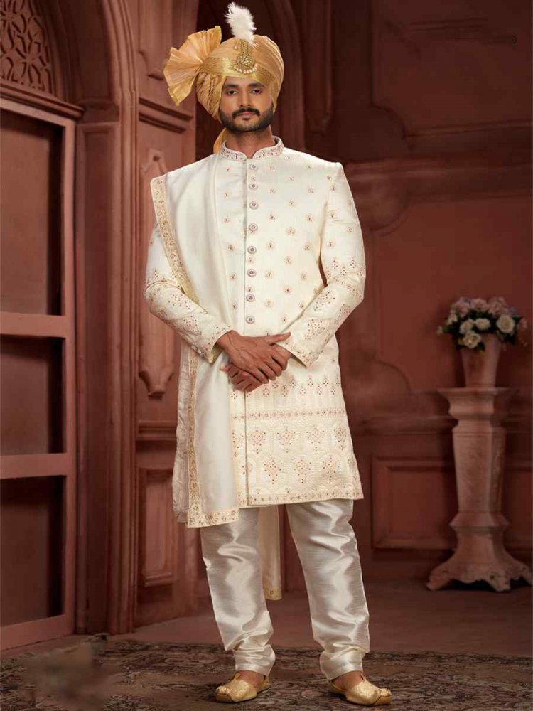 Off White Pure Silk Embroidered Groom Wedding Sherwani