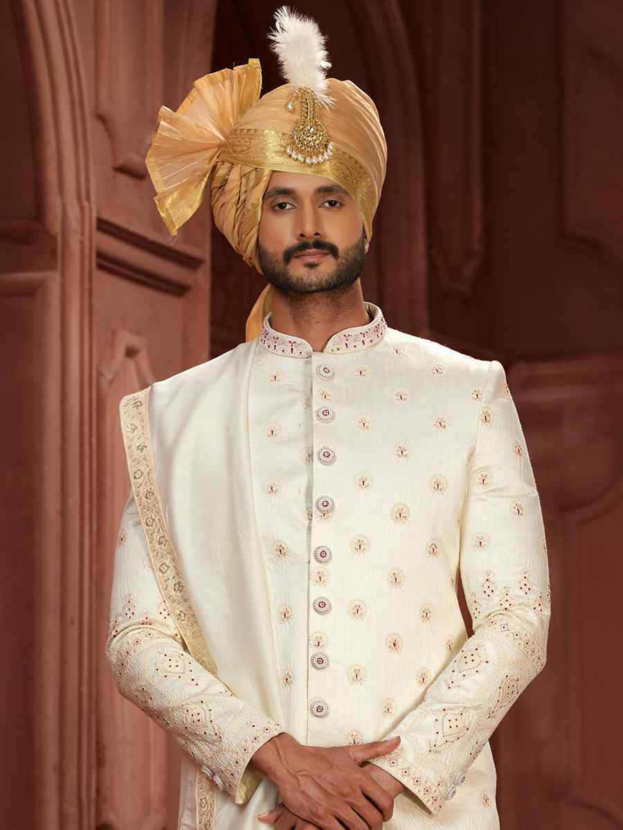 Off White Pure Silk Embroidered Groom Wedding Sherwani