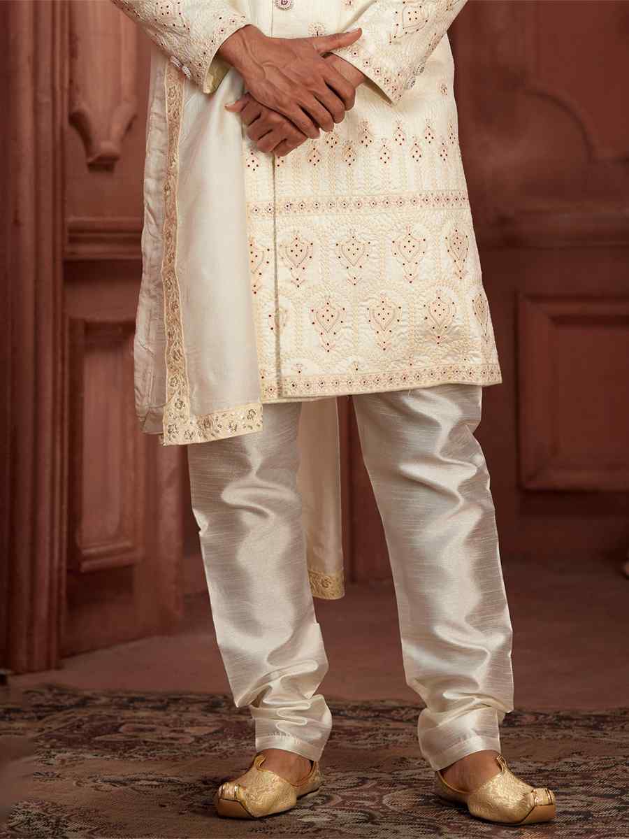 Off White Pure Silk Embroidered Groom Wedding Sherwani