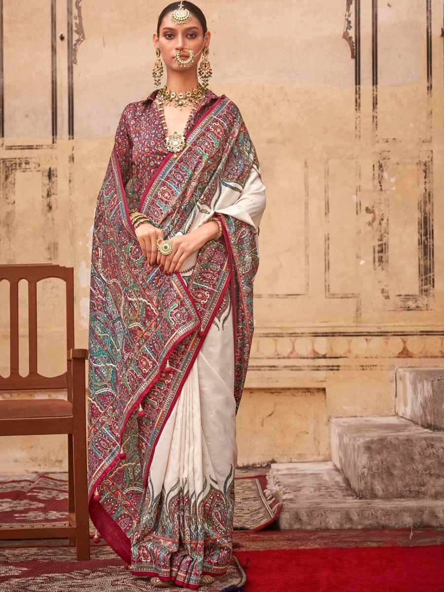 Off White PV Silk Printed Casual Festival Classic Style Saree