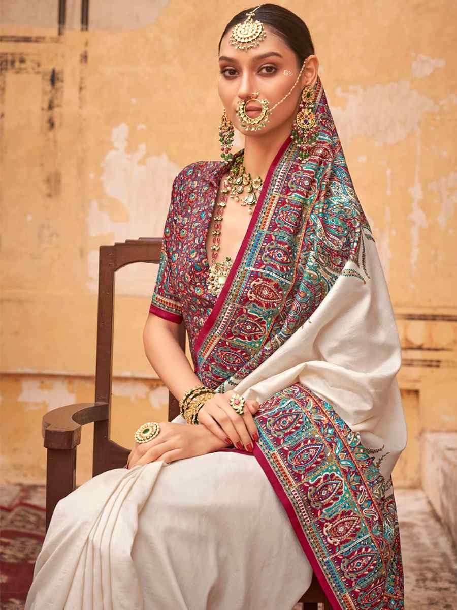 Off White PV Silk Printed Casual Festival Classic Style Saree