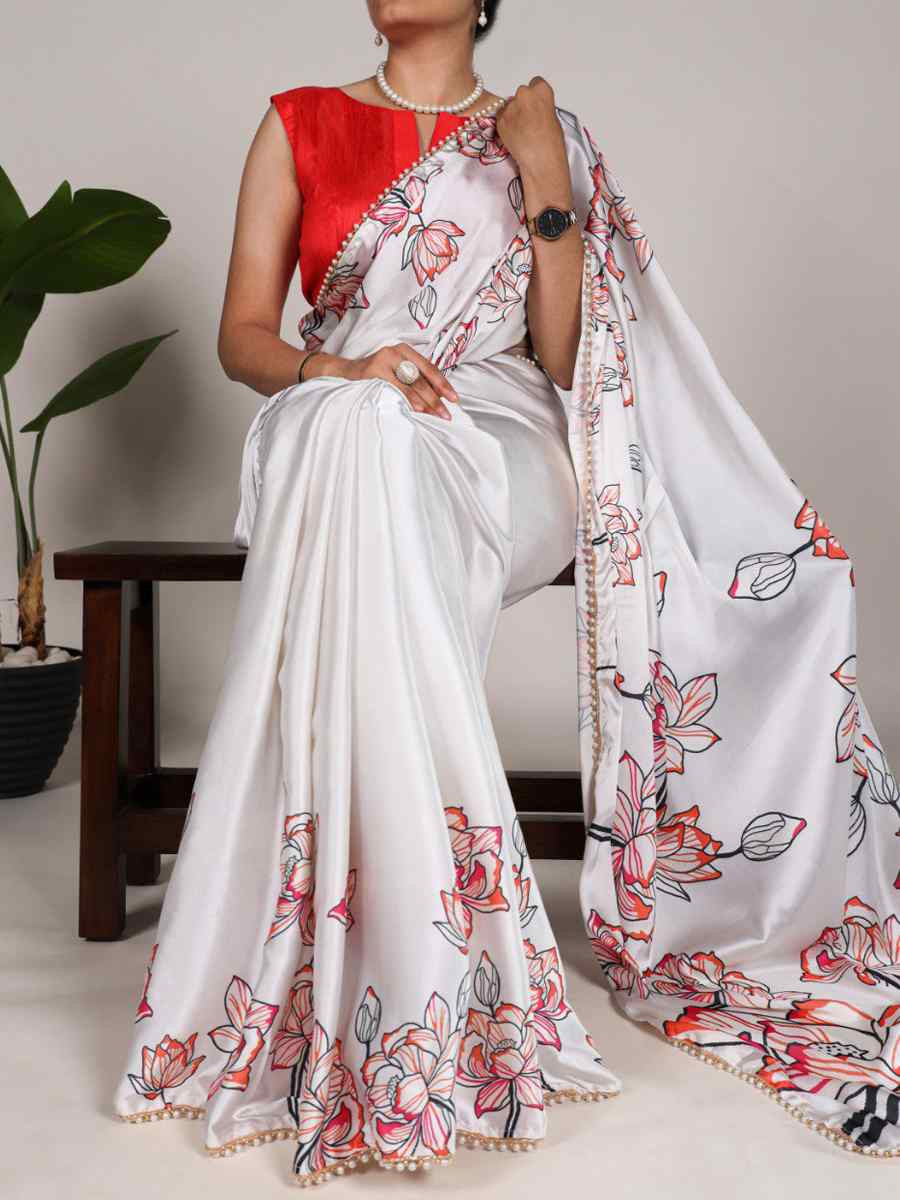 Off White Satin Silk Printed Festival Casual Contemporary Saree