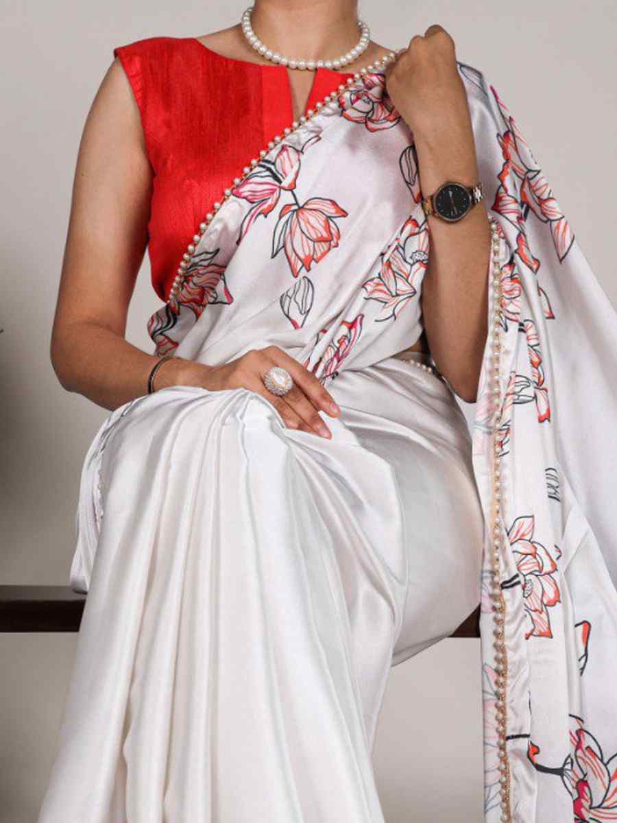 Off White Satin Silk Printed Festival Casual Contemporary Saree