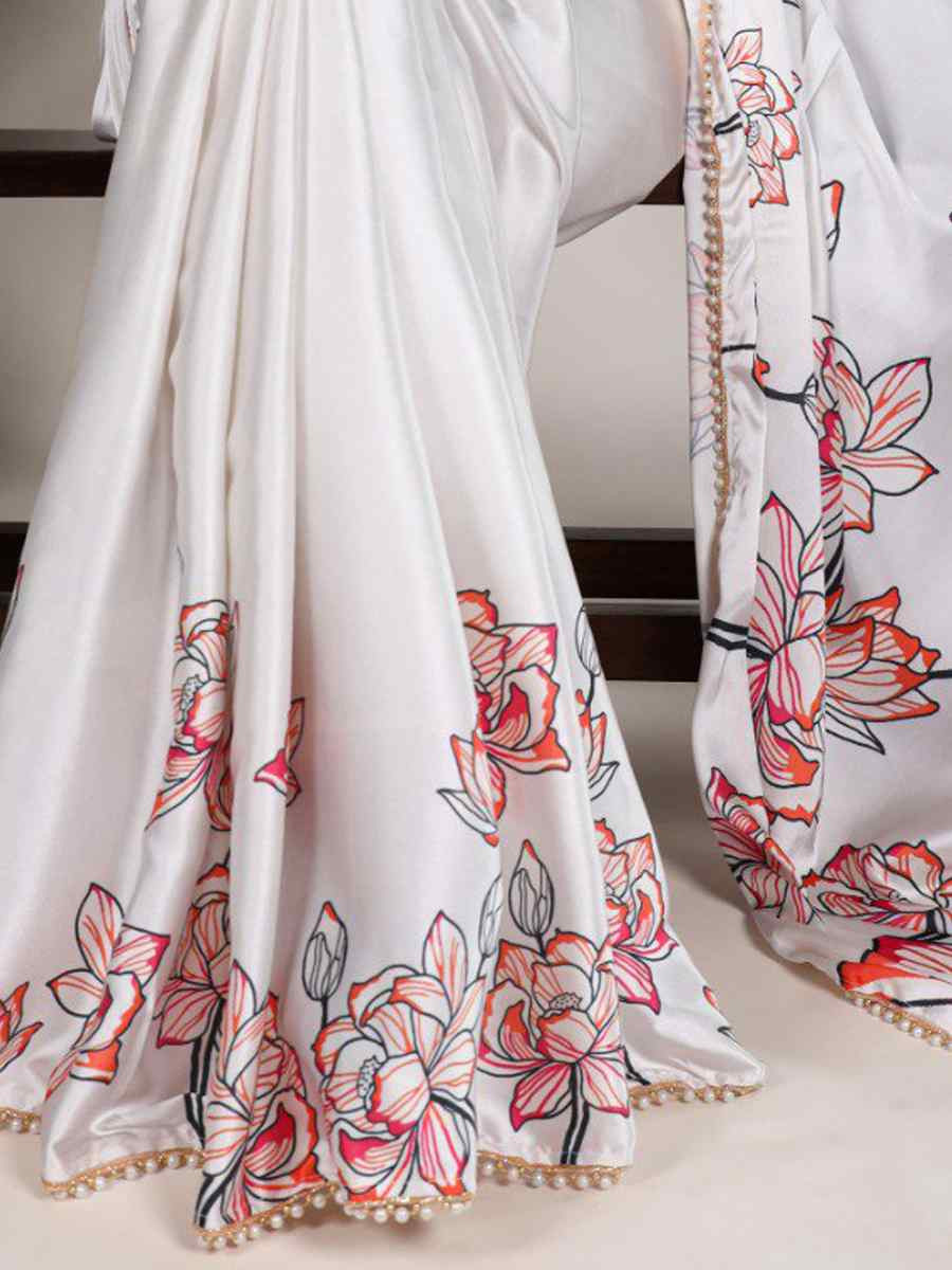 Off White Satin Silk Printed Festival Casual Contemporary Saree