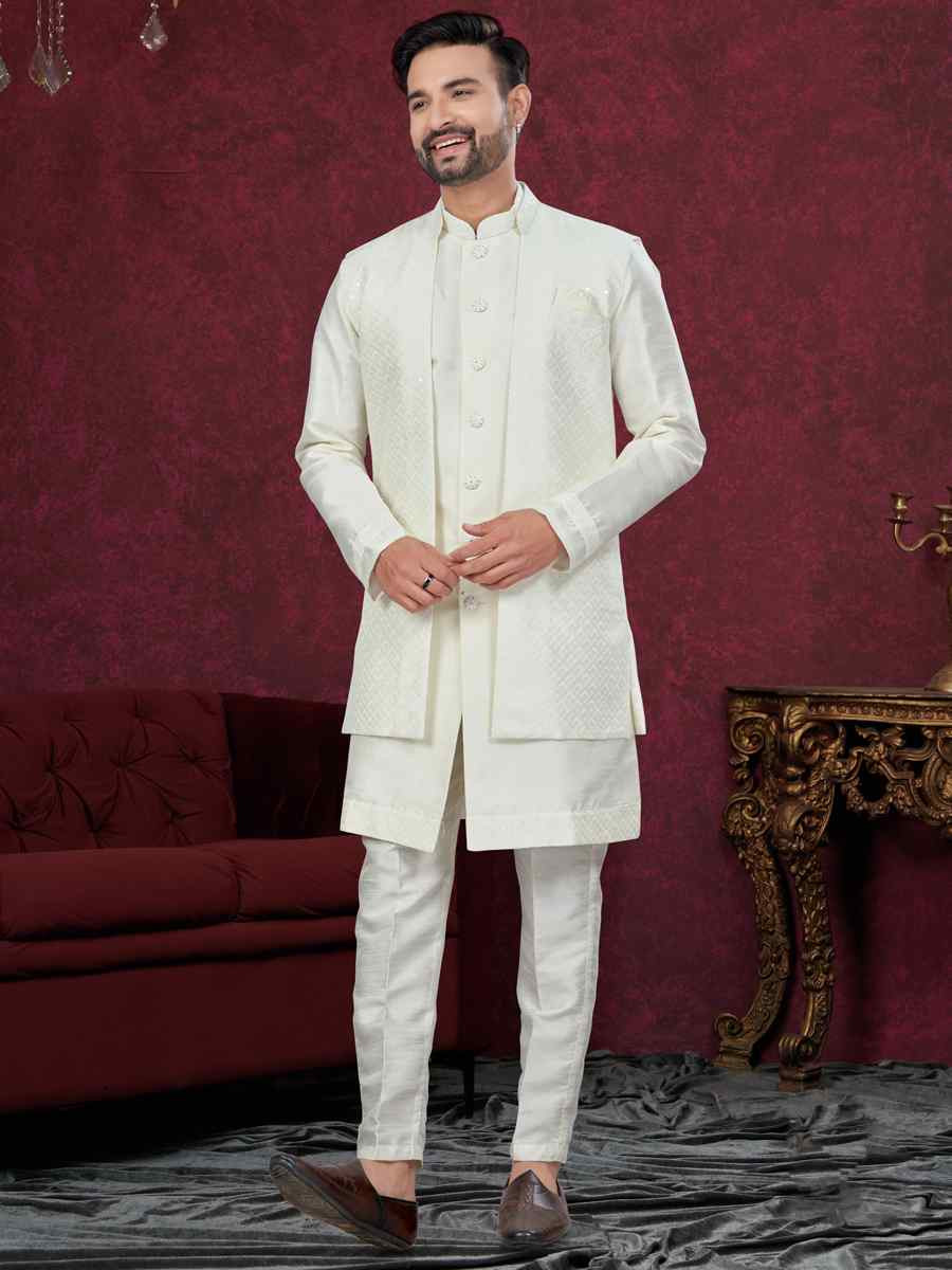 Off White Silk Dupion Embroidered Festival Wedding Sherwani