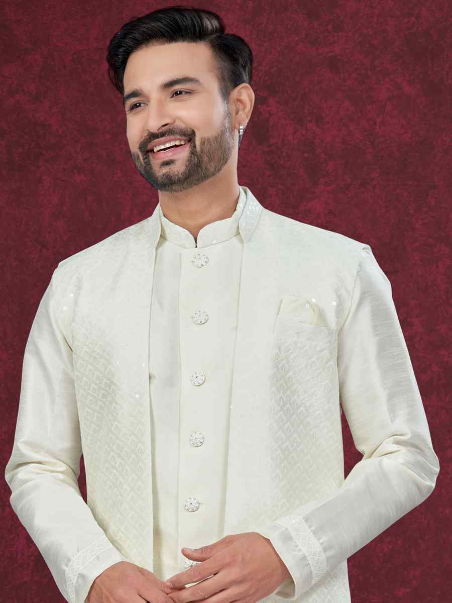 Off White Silk Dupion Embroidered Festival Wedding Sherwani