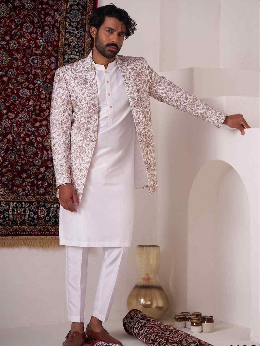 Off White Silk Embroidered Party Wedding Kurta