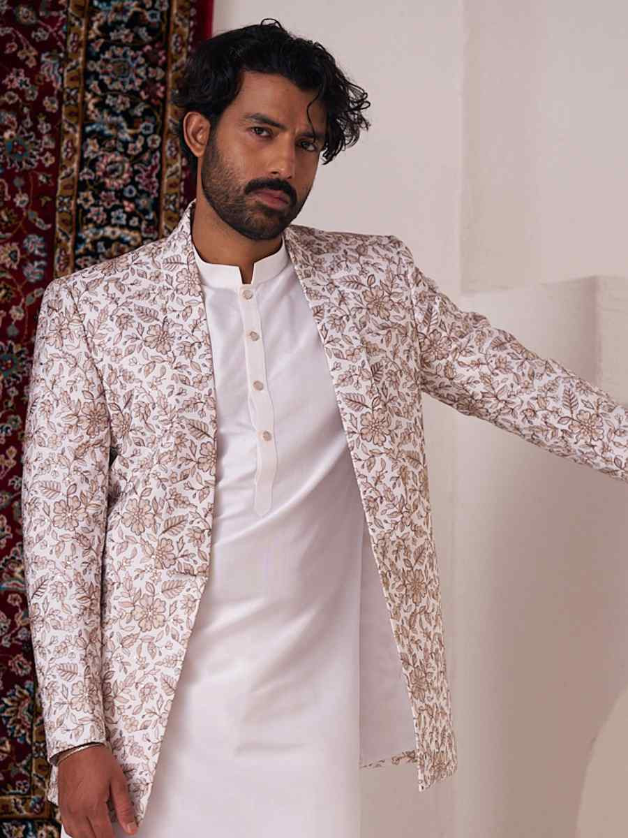 Off White Silk Embroidered Party Wedding Kurta