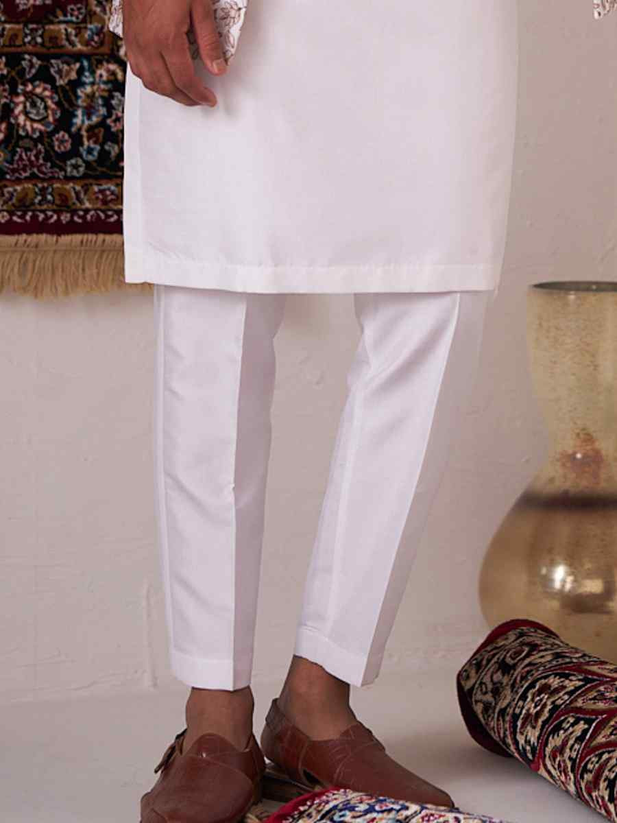 Off White Silk Embroidered Party Wedding Kurta