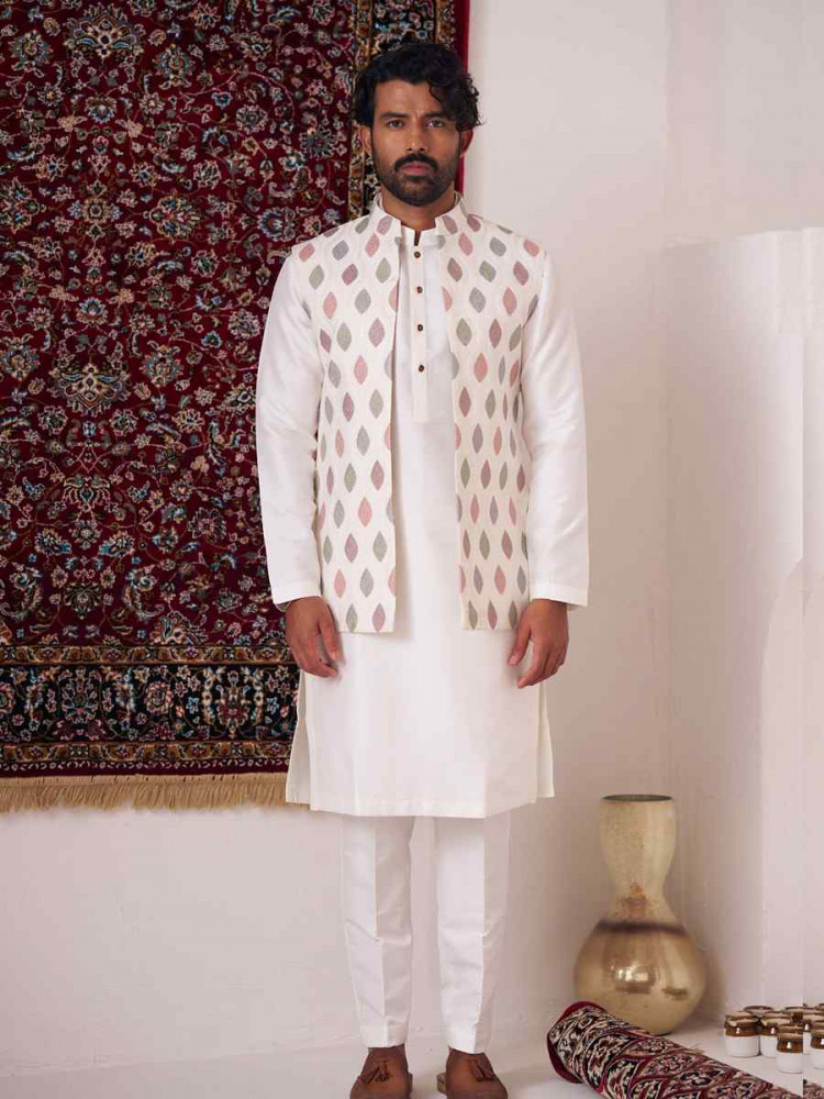 Off White Silk Embroidered Party Wedding Kurta