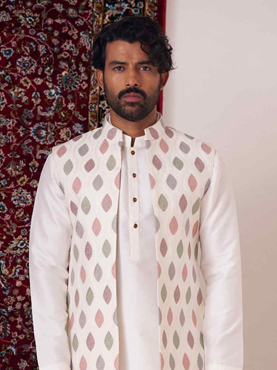 Off White Silk Embroidered Party Wedding Kurta