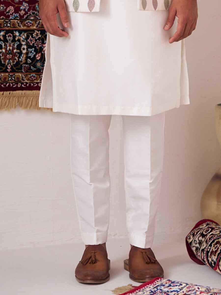 Off White Silk Embroidered Party Wedding Kurta