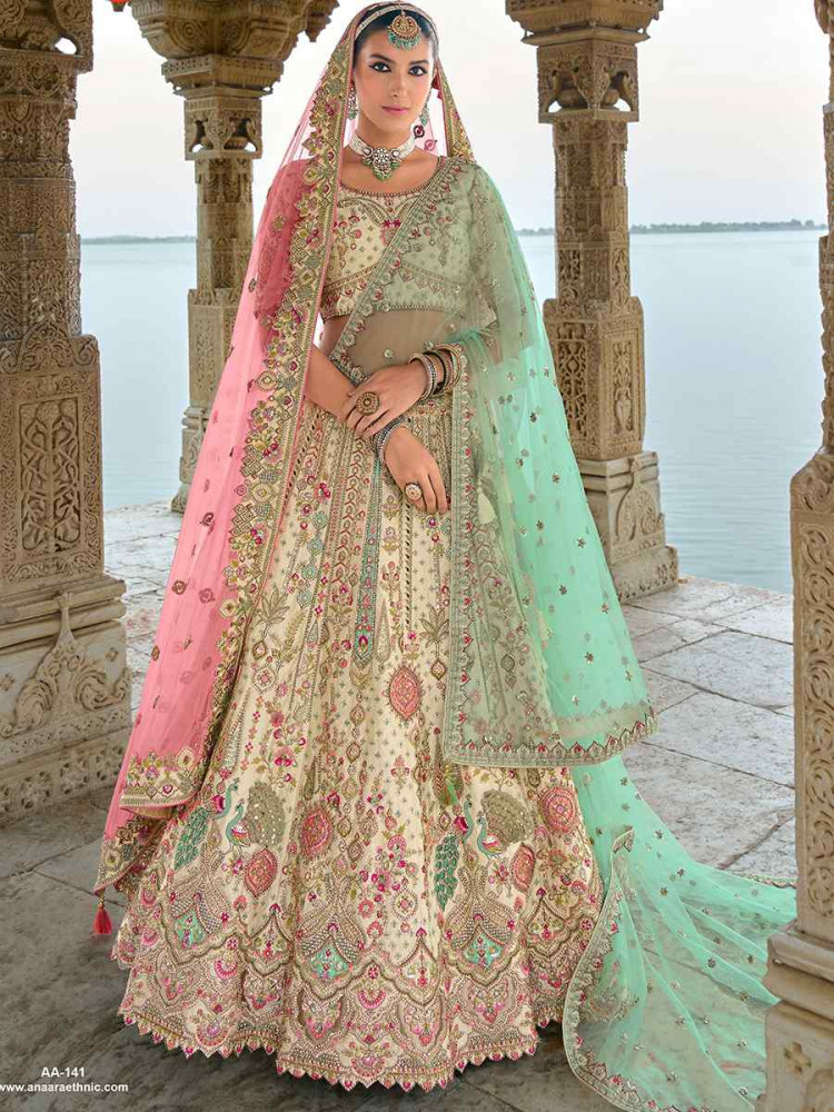 Off White Silk Embroidered Wedding Bridal Heavy Border Lehenga Choli