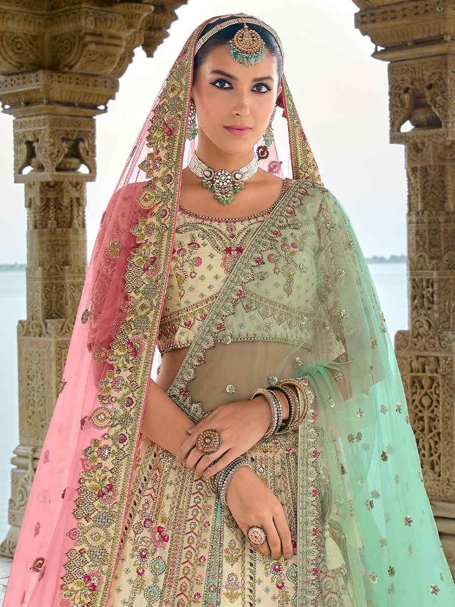 Off White Silk Embroidered Wedding Bridal Heavy Border Lehenga Choli