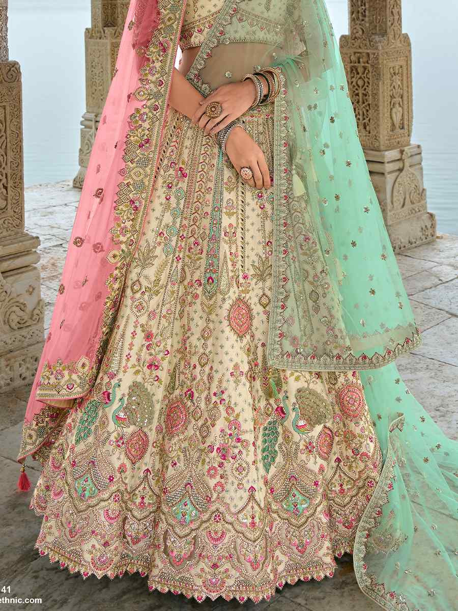 Off White Silk Embroidered Wedding Bridal Heavy Border Lehenga Choli