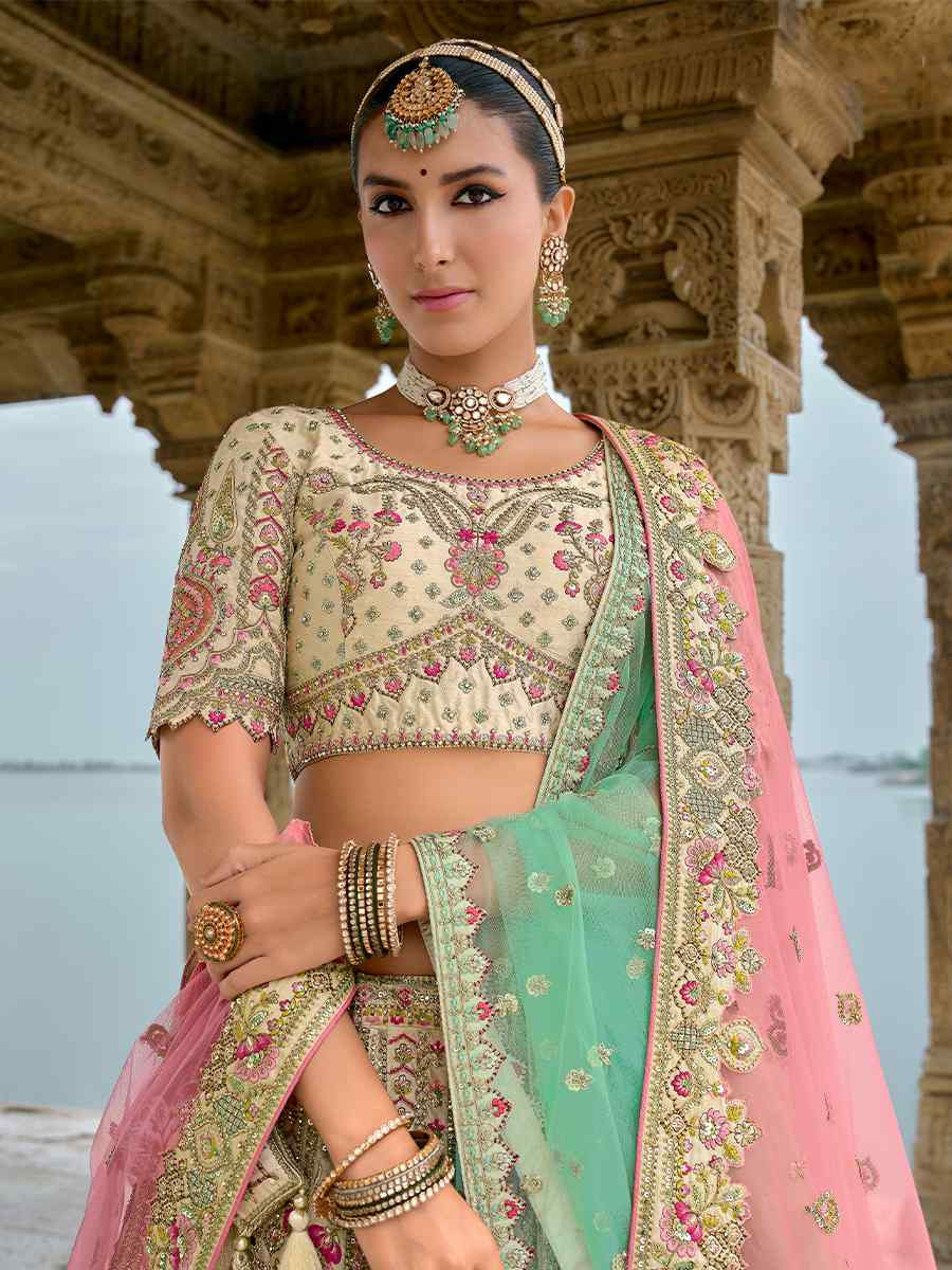 Off White Silk Embroidered Wedding Bridal Heavy Border Lehenga Choli