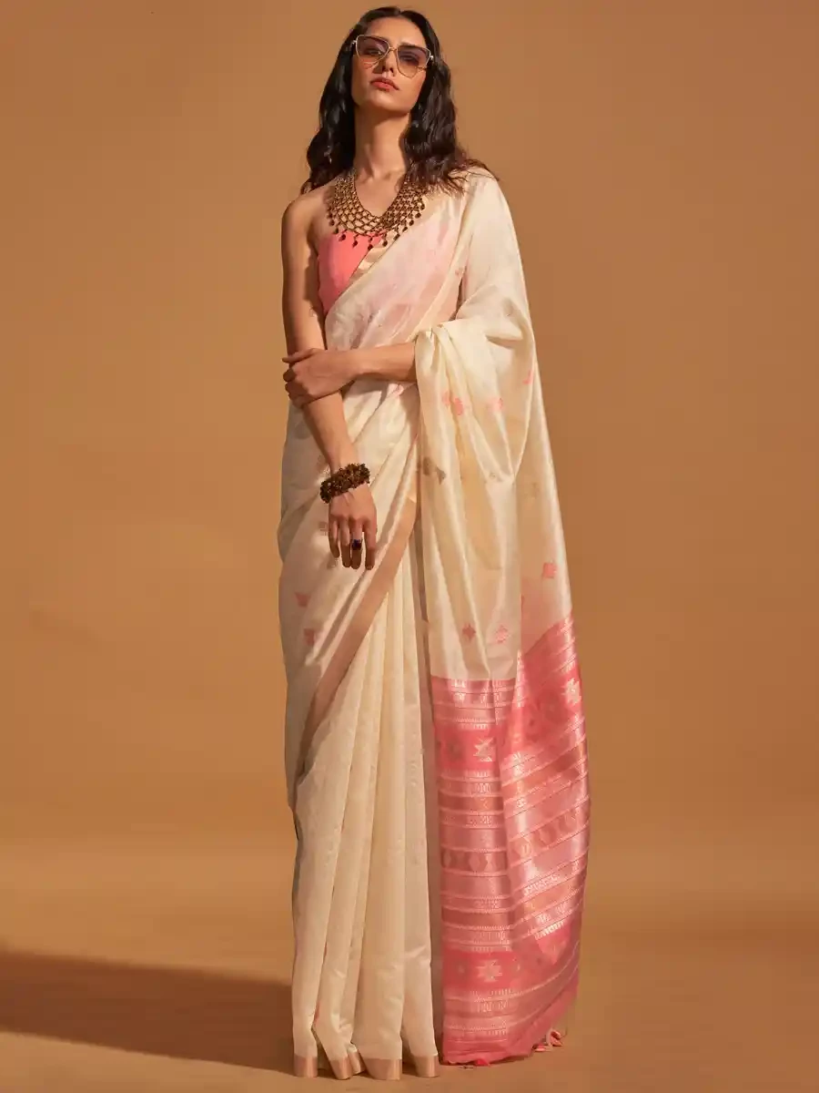 Off White Silk Handwoven Festival Casual Heavy Border Saree