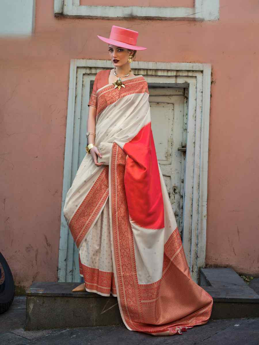 Off White Silk Handwoven Festival Wedding Heavy Border Saree