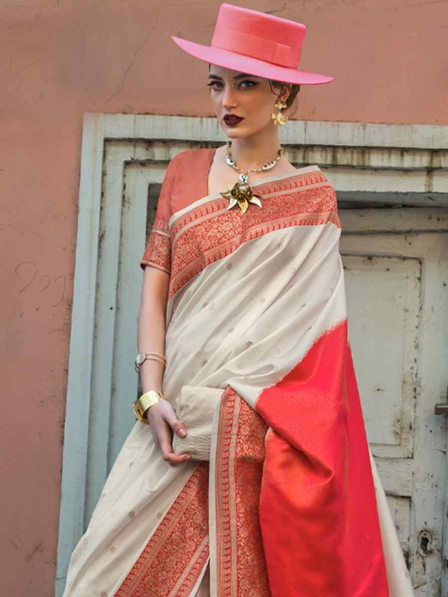 Off White Silk Handwoven Festival Wedding Heavy Border Saree