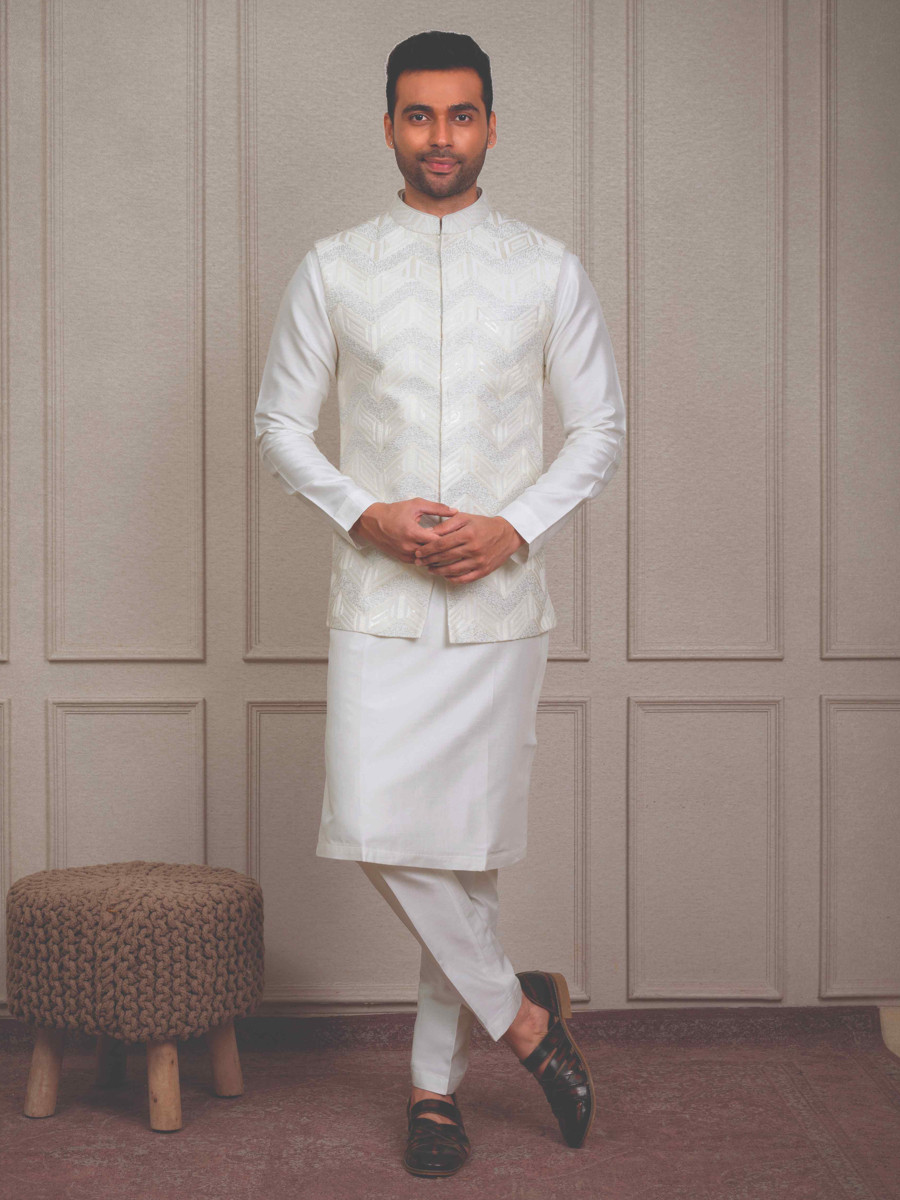 Off White Silk Woven Groom Wedding Kurta