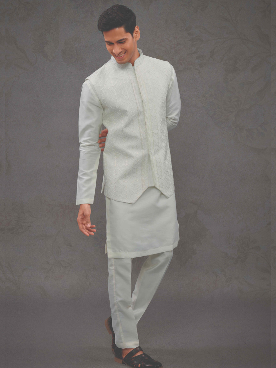 Off White Silk Woven Groom Wedding Kurta