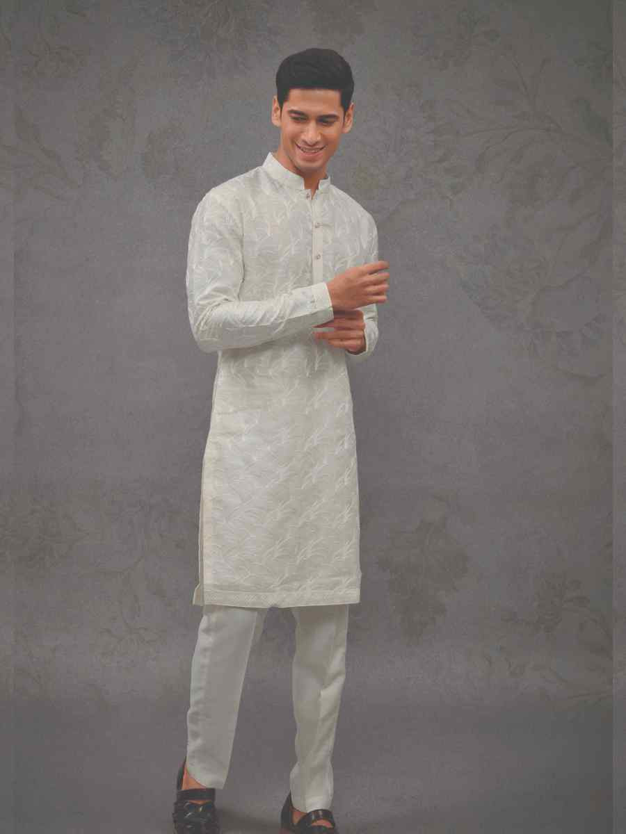 Off White Silk Woven Party Wedding Kurta