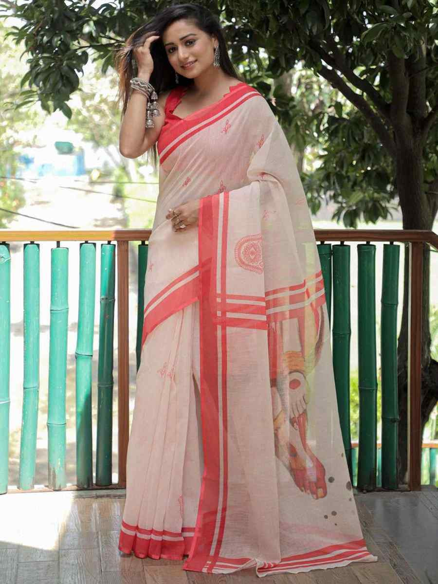 Off White Soft Linen Handwoven Festival Casual Classic Style Saree