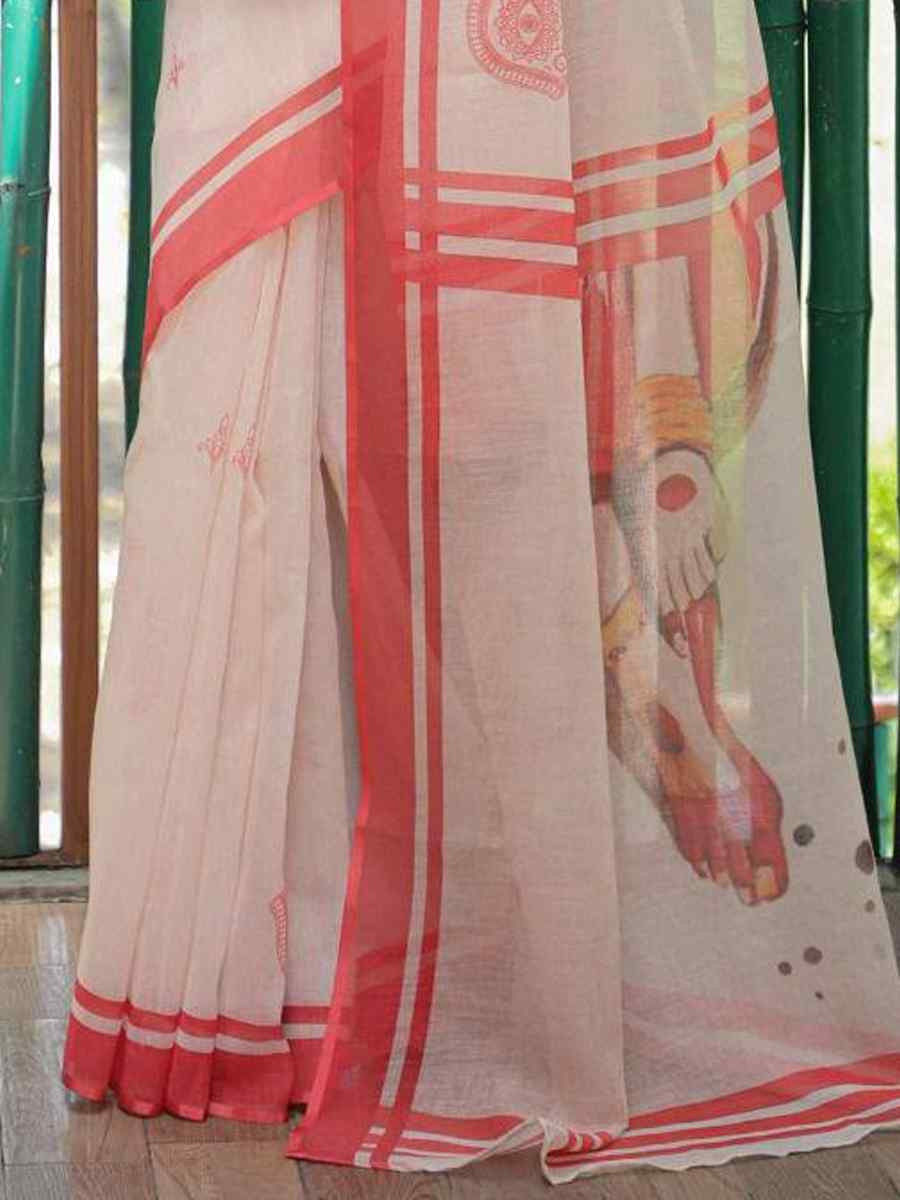 Off White Soft Linen Handwoven Festival Casual Classic Style Saree