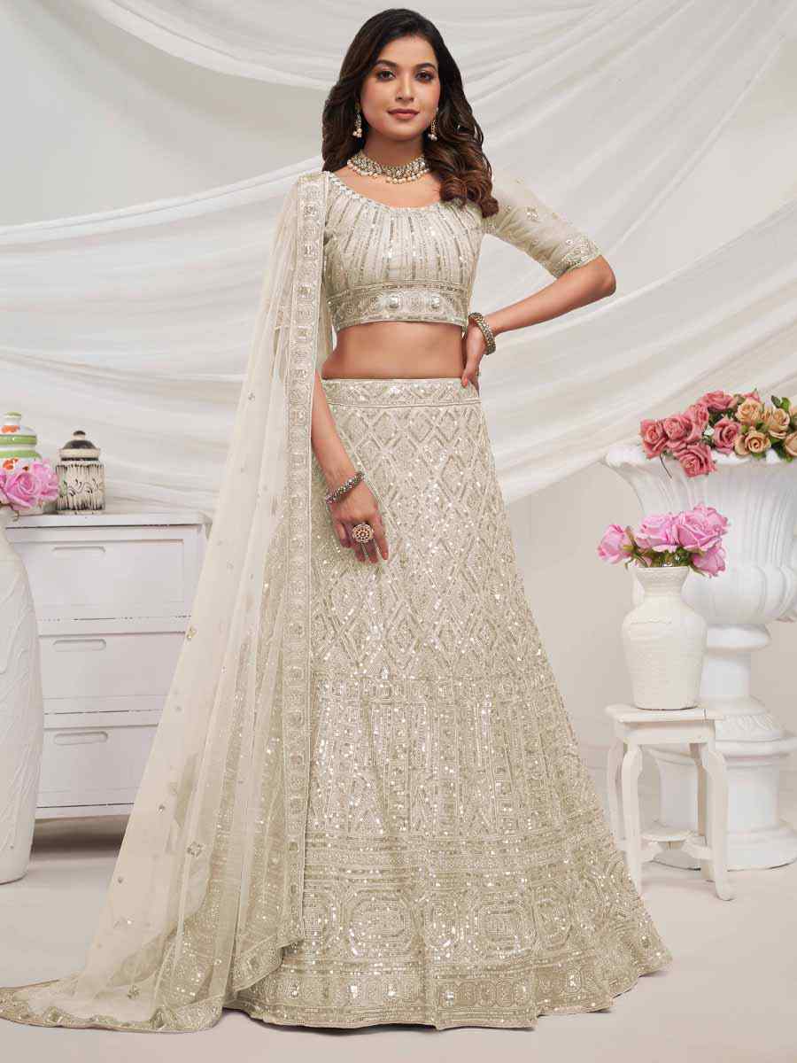 Off White Soft Net Embroidered Bridesmaid Wedding Heavy Border Lehenga Choli