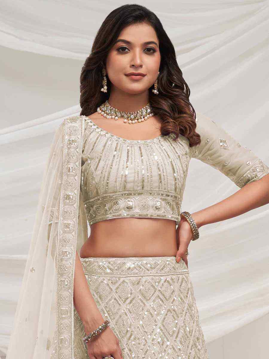 Off White Soft Net Embroidered Bridesmaid Wedding Heavy Border Lehenga Choli